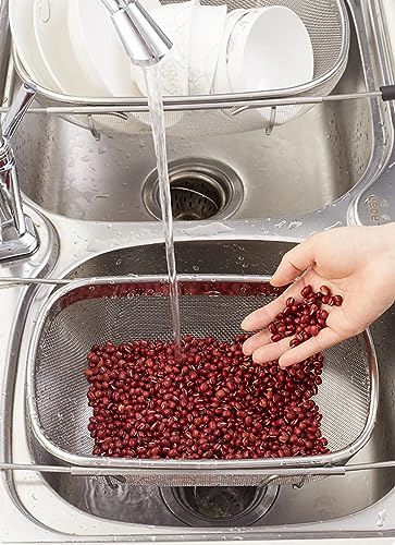 Fine Mesh Colander Over The Sink 6 Quart Stainless Steel Strainer Basket | Expandable Rubber Grip Handles - Strain, Drain, Rinse Fruits, Vegetables