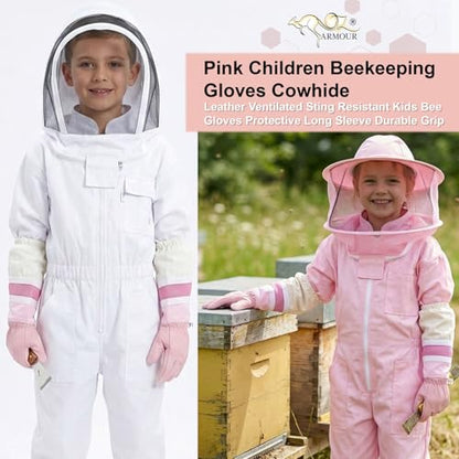 Pink Children Beekeeping Gloves Cowhide Leather Ventilated Sting Resistant Kids Bee Gloves Protective Long Sleeve Durable Grip (S) - size: Small