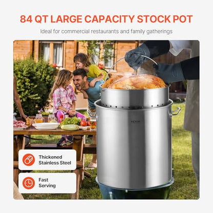 VEVOR Stainless Steel Stockpot, 84 Quart Large Cooking Pots, Cookware Sauce Pot with Basket, Lid, and Handle, Heavy Duty Commercial Grade Stock Pot, Sanding Treatment, for Large Groups Events Silver - size: 84 Quarts