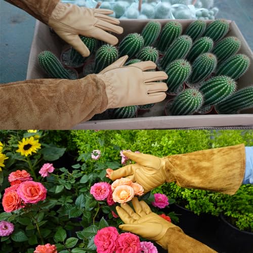 Long Gardening Gloves for Women/Men-Thorn Proof Rose Pruning Gloves,Water Repellent Leather work Gauntlet - size: Small