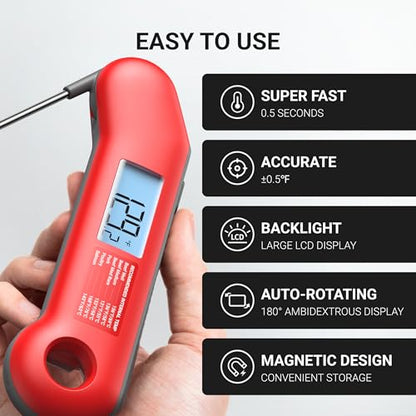 ThermoMaven Professional Meat Thermometer Digital, Ultra-Fast 0.5 Sec Instant Read, NIST Certified ±0.5°F Accuracy, IP67 Waterproof, Auto-Rotating Backlit Display, Lift-to-Wake, for BBQ/Cooking/Candy - color: Red & Gray