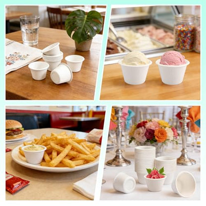 LeonBach 100 Pack Natural Bagasse Fiber Bowls,4oz Small Disposable Paper Bowls Microwavable Safe Sample Snack Cups Charcuterie Serving Cups for Sauce Portion Condiment Ice Cream Desserts, White - color: White, style: 4oz-100 Pack