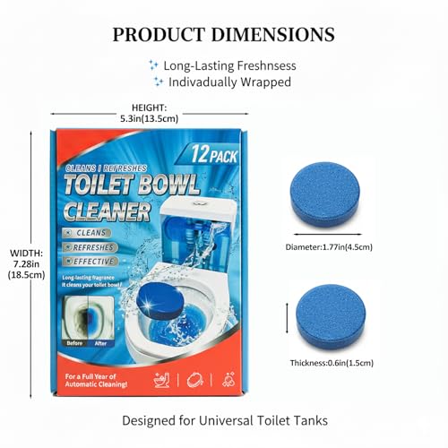 Toilet Cleaning Tablets | Fast-Dissolving, Long-Lasting Freshness | 12/24 Count | Safe for All Toilets, Septic Tanks & Pipes (12)