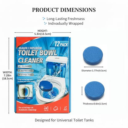 Toilet Cleaning Tablets | Fast-Dissolving, Long-Lasting Freshness | 12/24 Count | Safe for All Toilets, Septic Tanks & Pipes (12)