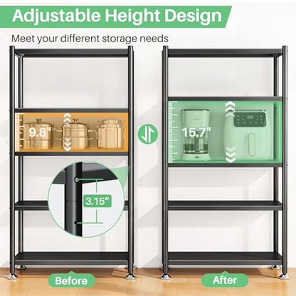 5 Tier Adjustable Storage Shelves, Heavy Duty Metal Storage Rack with Wheels, Shelving Units Utility Shelf for Kitchen, Pantry, Bathroom, Garage, Office Organization and Storage, Black, 13"x24"x59.7" - size: 24"L x 13"W x 59.65"H