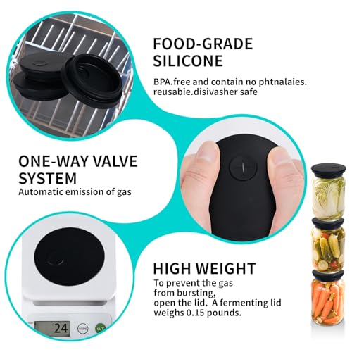 Silicone Fermenting Lids Waterless Airlock Fermentation Tops Wide Mouth Fermenter Caps for Pickles, Kimchi and Fermented Probiotic Food 3 Pack Black (Jars Not Included) - color: Black