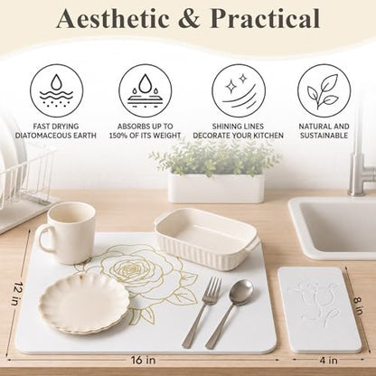 Stone Dish Drying Mat for Kitchen Counter, Glittery Resin Rose Pattern Quick Drying Mat, Water Absorbing Diatomaceous Pad for Plate Bottle Utensil Rack,Space Saving (Gold & White, 16"×12")