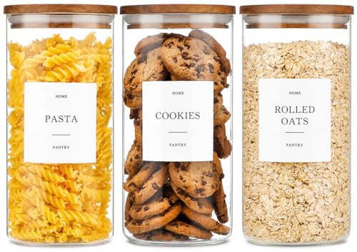 Set of 3 Glass Pantry Jars with Acacia Wood Lids, 45oz Airtight Glass Kitchen Canisters with 105 Labels, Clear Pantry Storage Containers for Coffee, Sugar, Oats, Pasta, Cookies - size: 45oz 3 Pack