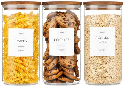 Set of 3 Glass Pantry Jars with Acacia Wood Lids, 45oz Airtight Glass Kitchen Canisters with 105 Labels, Clear Pantry Storage Containers for Coffee, Sugar, Oats, Pasta, Cookies - size: 45oz 3 Pack
