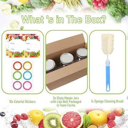 64 oz Wide Mouth Mason Jars 3 Pack, Glass Canning Jars with Airtight Lids | Durable & Leakproof Jars for Pickling,Fermenting,Meal Prep,Reusable Storage Containers, Great Value Set with Secure Packaging