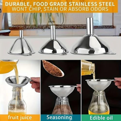 Metal Stainless Steel Funnel, Large Medium Small Funnel Set of 3, Food Grade Mini Funnels for Kitchen Use Filling Bottles Flask Cooking, 1 Brushes