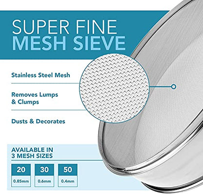 Vollum Stainless Steel Flour Sifter Fine Mesh Round Flour Sieve for Baking 12" Diameter x 2.5" High; 20 Mesh (Hole Size 0.85mm) - size: 12" Dia. x 2.5" High