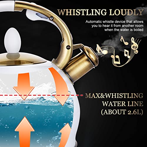 SUSTEAS Stove Top Whistling Tea Kettle - Food Grade Stainless Steel Teakettle Teapot with Cool Touch Ergonomic Handle, With 1 Silicone Pinch Mitt Included, 2.64 Quart(WHITE) - color: White