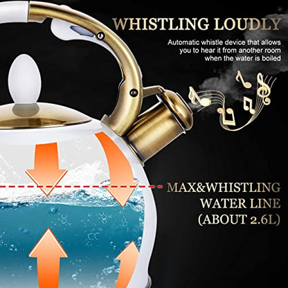 SUSTEAS Stove Top Whistling Tea Kettle - Food Grade Stainless Steel Teakettle Teapot with Cool Touch Ergonomic Handle, With 1 Silicone Pinch Mitt Included, 2.64 Quart(WHITE) - color: White