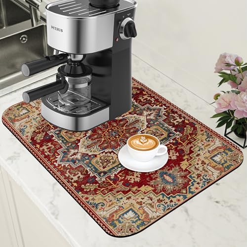 Boho Dish Drying Mat Persian Tribal Coffee Bar Mat for Countertop Absorbent Rubber Backed Hide Stain Dish Drainer Rack Pad Coffee Maker Espresso Machine Dining Room Decoration 11.8 x 19.7 Inch - size: 11.8" x 19.7"