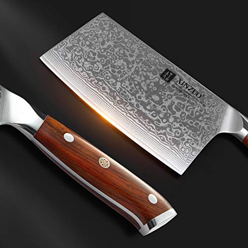XINZUO 7 Inch Chinese Meat Cleaver Knife-Real 67 Layers Damascus Butcher Knife-Suitable for Meat/Vegetable Cleaver-Ultral Sharp-Natural Rosewood Handle-Yu Series - size: 7 inch Cleaver Knife