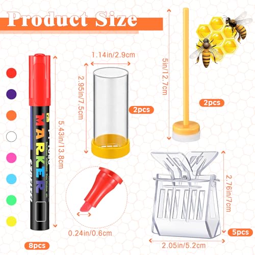 Qualirey 15 Pcs Queen Bee Marking Kit with 8 Pens 2 Bottles and 5 Plastic Cage Clips for Queen Bee Marking Beekeepers, Beekeeping Supplies (Yellow)
