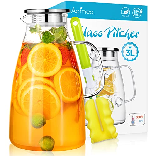 Aofmee 100 Oz Glass Pitcher, 3L Water Pitcher with Lid, Iced Tea Jar with 304 Stainless Steel Lid and Spout, Heat Resistant Jug for Sun Tea, Water Carafe for Cold or Hot Beverage Serveware Juice - color: Clear, Round, size: 100 OZ