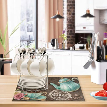 Coffee Themed Dish Drying Mat For Kitchen Counter 24 "X16" Absorbent Non-Slip Rubber Backed, Quick Dry Silicone Pad For Coffee Machine Dish Rack