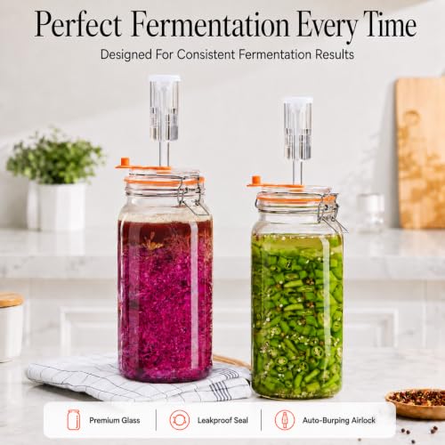 2L Fermentation Jar, Wide Mouth Glass Fermenting Kit wit Airlocks, 2-Pack | Fermentation Glass Jars With Self-Burping Airlocks for Sauerkraut, Kimchi, Pickles, Mead, Cider and Other Homemade Ferments