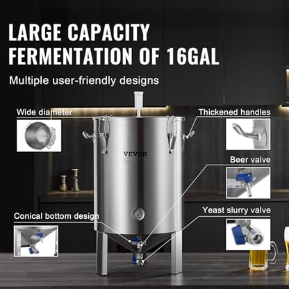 VEVOR Fermentation Tank 16 Gal,Stainless Steel Beer Brew Fermentor, Brew Bucket Fermentor for Home Brewing with Conical Base Brewing Equipment - size: 16 Gal-Fermenter1.0