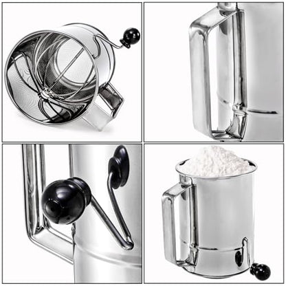 Pumtus 3 Pack Flour Sifter Set, 5 Cup Hand Crank Sifter with 2 Pieces Baker's Dusting Wands, Stainless Steel Fine Mesh Baking Sifter with Agitator Rotary, Powdered Sugar Duster for Baking Dessert