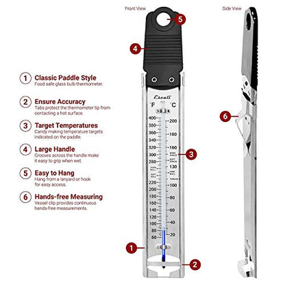 Escali Deep Fry Stainless Steel Paddle Candy Thermometer, Heat Resistant Handle, and Hand-Free Clip, Temperature Indications - style: Paddle