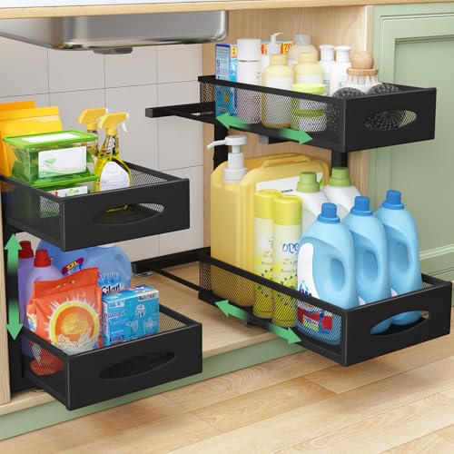 Under Sink Organizer, 2 Pack 2 Tier Pull out Cabinet Organizer Baskets with Mesh Sliding Drawers, Slide out Sink Storage Shelves for Home, Kitchen, Bathroom, Pantry, Office Organizers and Storag,Black - color: Black, size: 2 Pack
