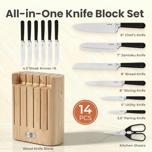 SMIRLY 14-Piece Kitchen Knife Set with Magnetic Block, High Carbon Stainless Steel Chef Knives, Ultra Sharp, Dishwasher Safe, Black - color: Black