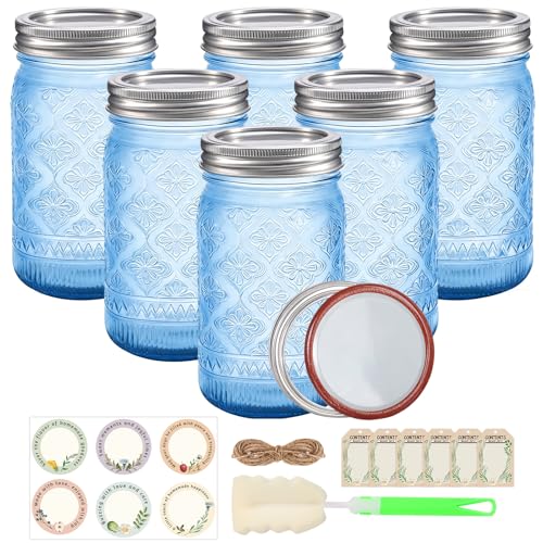 Blue Wide Mouth Mason Jars 32 oz with Leak-proof Split Lids, 6-Pack | Colored Glass Jars for DIY Crafts, Wedding Centerpieces, Home Decor, Flower Vase, Bathroom Storage - color: Bule-6Pack