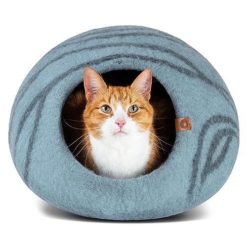 MEOWFIA Cat Cave – Premium Felt Cat Bed Enclosure for Indoor Cats, Handmade Merino Wool (Aquamarine, Medium) - color: Aquamarine, size: Medium