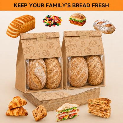 Extra Large Bread Bags for Homemade, 50 Count, 50% Thicker Sourdough Paper With Ties, 15.7 * 10.2 * 5.1 in, Tin Tie Tab Lock Bakery Bags With Window and Sealing Stickers for Storage Packaging Gifting - color: No print