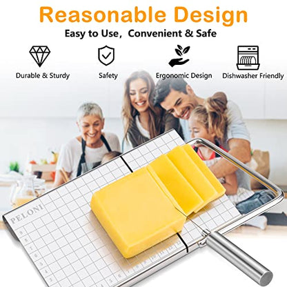Cheese-Slicer Cheese-Cutter, Stainless-Steel-Cheese-Slicer with 5 Replacement-Wire Cheese Cutters for Block-Cheese Metal Cheese Slicers Cutting Board with Butter-Spreader Stainless Steel Knife