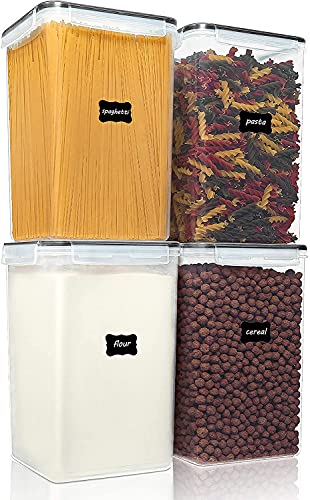 Vtopmart Extra Large Tall Airtight Food Storage Containers, 4 Pieces 5.9qt/6.5L Plastic PBA Free Kitchen Pantry Canister for Spaghetti, Flour and Baking Supplies, with 24 Labels, Black - color: Black, size: 6.5L