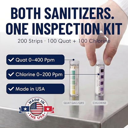 Restaurant Sanitizer Test Kit Combo, 10 x Vial of 100 Strips Each QR5 Quat Sanitizer 0-400PPM & Chlorine Test Strip 0-200PPM Testing Kit for Food Service, Bar & Restaurants Supplies by FryOilSaver Co.