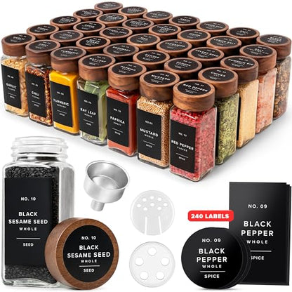 EDELHAUS Glass Spice Jars with Label, 36x Acacia Wooden Lids - Black Labels | Airtight acacia lids keep spices fresh; use as a spice organizer, seasoning containers or 4 oz jar set; funnel & 240 labels - color: 36x Acacia Jars Black Stickers