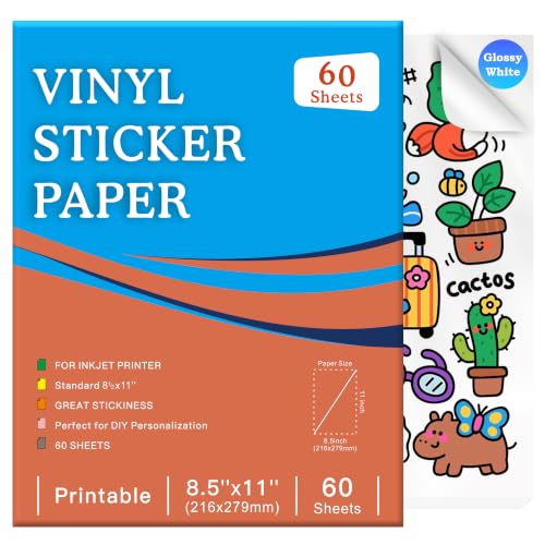 60 Sheets Premium Printable Vinyl Sticker Paper for Inkjet Printer, Glossy White Waterproof, Dries Quickly, Vivid Colors, Tear Resistant, 8.5x11 Inkjet Vinyl Sticker Paper Great for Cutting Machines - size: 60-Sheets