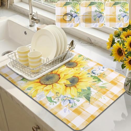 LOKHOM Dish Drying Mat for Kitchen Counter, 12"x20" Absorbent Coffee Bar Mat with Sunflowers, Vintage Floral Dish Drainer Rack Mats for Kitchen Counter Coffee Maker Pot Dining Room Decoration - size: 12" x 20"