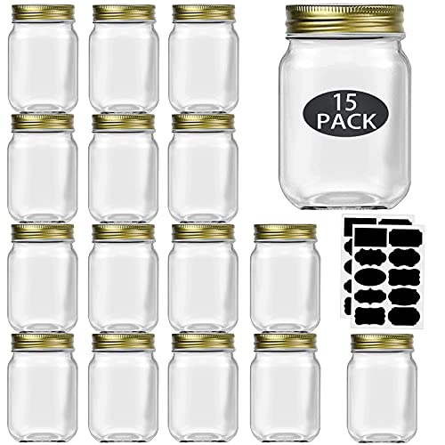 Rainforce 16 oz Mason Jars With Lids Regular Mouth 15 Pack-16 oz Glass Jars with Gold Lids,Bulk Pint Clear Glass Jars For Meal Prep, Food Storage With 20 Labels - color: Gold Lids