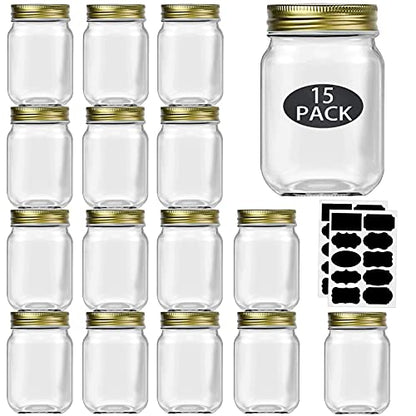 Rainforce 16 oz Mason Jars With Lids Regular Mouth 15 Pack-16 oz Glass Jars with Gold Lids,Bulk Pint Clear Glass Jars For Meal Prep, Food Storage With 20 Labels - color: Gold Lids