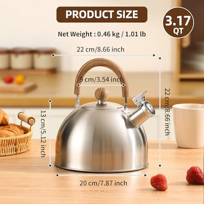 18/8 Stainless Steel Tea Kettle for Stovetop (3L / 3.17 Quart, Whistling Tea Pot, Wood Handle)-Silver - size: 3.2 Quarts