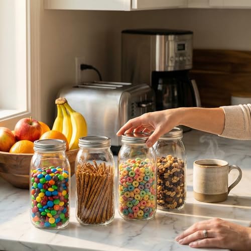 novelinks 64 oz Large Plastic Mason Jars with Airtight Lids Wide Mouth | 4 Pack, Silver, Storage Jars with Airtight Lids, Mason Jars 64oz, Big Jars Wide Mouth, Plastic Storage Containers for Pantry - color: Silver