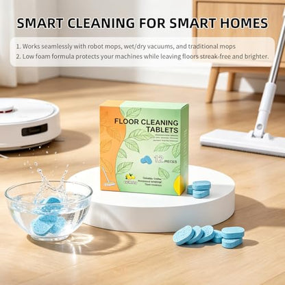 12pcs Floor Cleaner Tablets, Pre-Measured Dissolvable Cleaning Tablets, Deep Cleans for Multiple Hard Floors, Tile, Vinyl, Hardwood, Fresh Lemon Scent, Compatible with Robot Mops & Wet Dry Vacuum