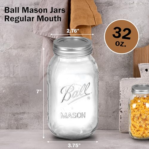 Ball Regular Mouth Mason Jars 32 oz. (12 Pack) - Quart Size Jars with Airtight Lids and Bands for Canning, Fermenting, Pickling, Meal Prep or DIY Decors and Projects Bundled with Peaknip Jar Opener