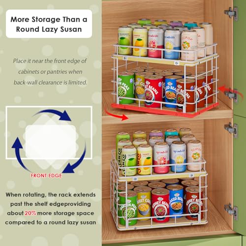360° Lazy Susan Can Organizer, 2-Tier Rotating Metal Wire Wood Can Rack Holder, Kitchen Pantry Cabinet Countertop Turntable Storage Shelf, Hold 26 Soda Cans Food Beverage Cans Organizer, White - color: White