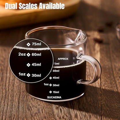 gegewawa Espresso Cups Set of 2 with Handle, 2.5 OZ Double Spout Espresso Shot Cups Glass Measuring Cup with Dual Scale, Espresso Shot Glass with V-Shaped Mouth, Espresso Accessories