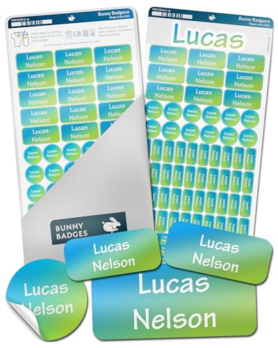 Bunny Badges Personalized Daycare Name Labels for Kids (130 Labels) - Custom Waterproof Name Stickers for Clothing Tags, Water Bottles, Lunch Boxes and School Supplies (Gradient) - color: Gradient