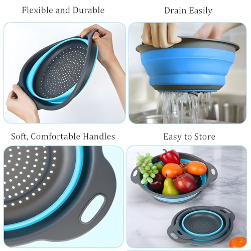 UVB Collapsible Colander Set, Space-Saving Foldable Kitchen Strainer for Pasta, Vegetables & Fruit, Colander for Kitchen with 2 Stainless Steel Hooks & Silicone Funnel – Blue - color: Blue