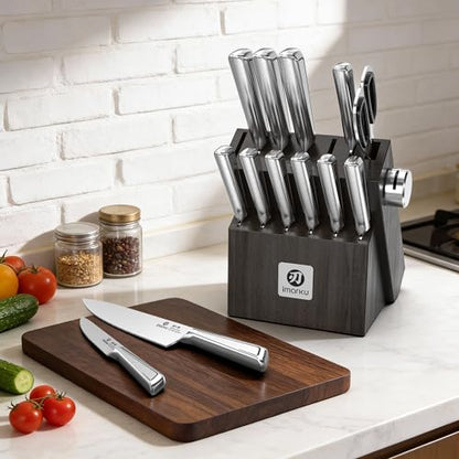imarku Japanese High Carbon Stainless Steel Knife Set with Block, Precision-Forged Gyutou Kitchen Knives with Built-in Sharpener, Ultra-Sharp 10–15° Edge, Ergonomic Non-Slip Handle, Dishwasher Safe - color: Silver Gray