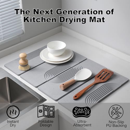 Large Stone Dish Drying Mat for Kitchen Counter,Collapsable Stone Dish Drying Mat with Diatomaceous Earth for Quick Drying-Ultra Absorbent-Eco-Friendly,Foldable -23.6"×15.7" Light Gray Curved Grooves - color: HXTY-Light Gray